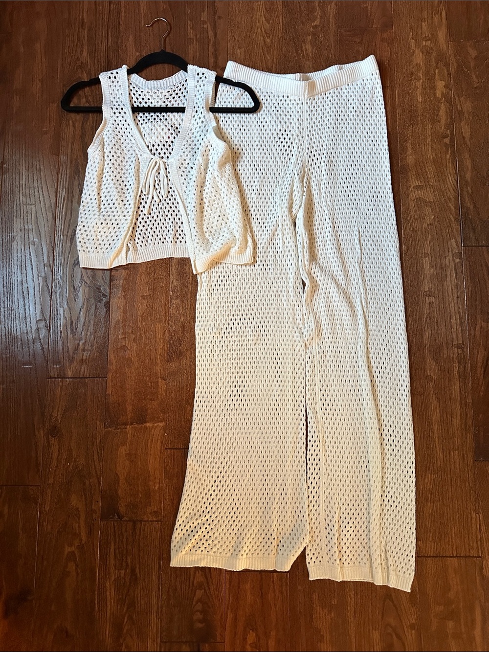 Cream Crochet Wide-Leg Pants & Tie-Front Vest Set